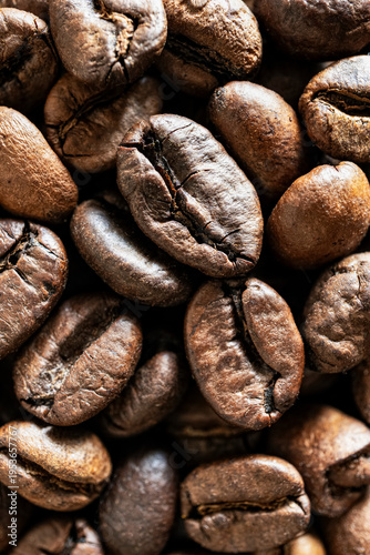 Roasted Coffee Beans Texture Background, Macro Close-Up