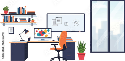 Modern Home Office Setup with Desk Computer Bookshelves and Window.