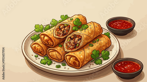 Crispy Spring Rolls with Spicy Dipping Sauce