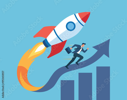 Businessman running up an ascending arrow alongside a soaring rocket and bar chart in a flat vector illustration depicting rapid business growth, Rapid Business Growth and Expansion