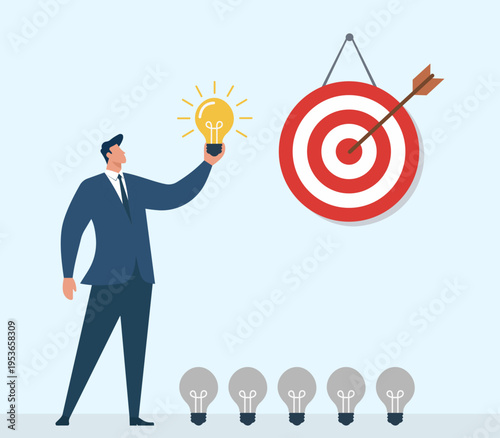 Businessman holding a glowing lightbulb next to a bullseye target, leaving unlit bulbs behind, a flat vector illustration of successful business innovation,  Hitting the Target with the Right Solution