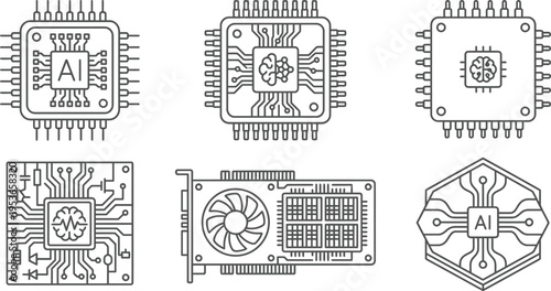 AI Processor Chip Line Icon Vector Set | CPU Microchip Circuit Technology Symbol