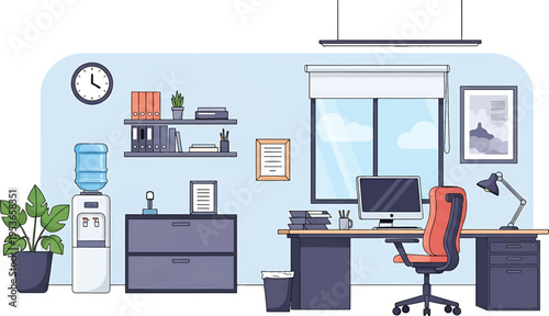 Modern Office Interior with Desk Chair Computer and Water Cooler.