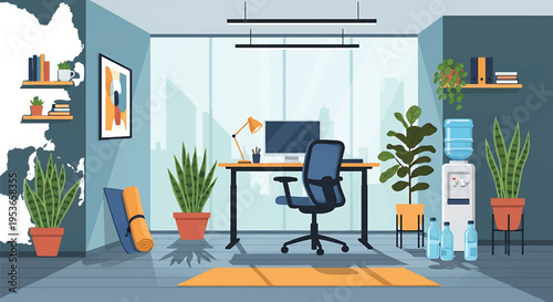 Modern office interior with desk chair computer and various plants creating a productive workspace.