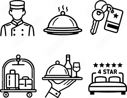 Hotel staff service hospitality concierge line icons
