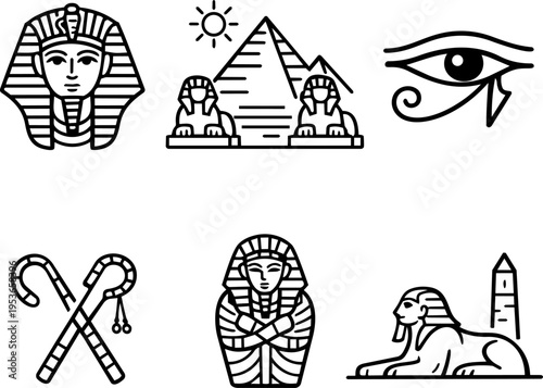 Ancient Egypt symbols culture history line icons. Vector