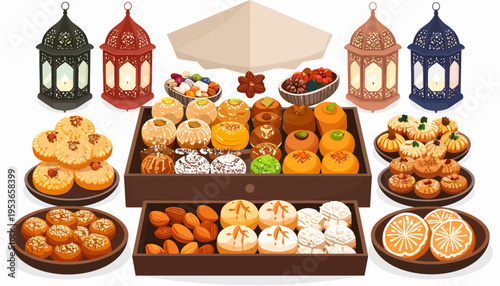 Assorted Traditional Middle Eastern Sweets Display.