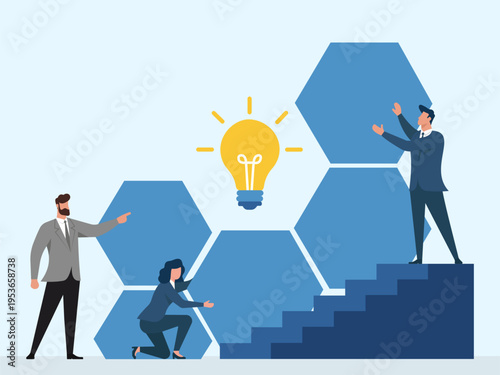 Flat vector illustration of a business team collaborating around hexagonal blocks and stairs to reach a glowing lightbulb of innovation, Collaborative Business Teamwork, Strategic Idea Generation