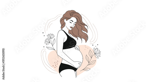 Delicate line art drawing of a beautiful pregnant woman with long flowing hair surrounded by floral accents and soft organic shapes in pastels.