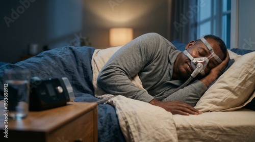African American senior man sleeping in bed wearing a CPAP mask for sleep apnea