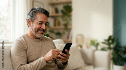 Senior man smiling while using smartphone on sofa in modern living room.