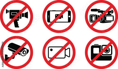 No Video Camera Icon Vector Set | Video Recording Prohibited Symbol Filming Banned Collection Black Isolated on White