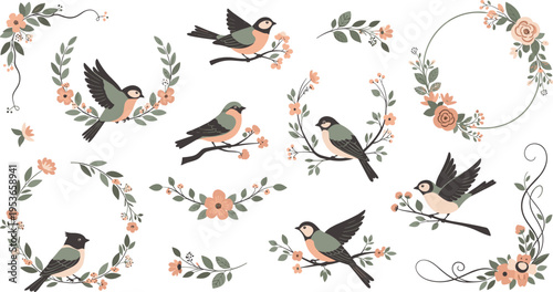 Set of Vintage Floral Wreaths and Birds in Soft Colors with Peach Flowers, Green Leaves, and Birds on Branches