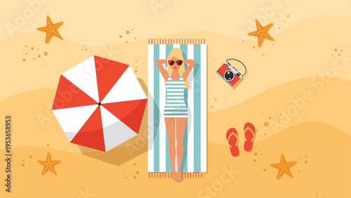 Colorful flat illustration of a woman sunbathing on a striped towel on a sandy beach with a red umbrella, camera, and flip-flops nearby.