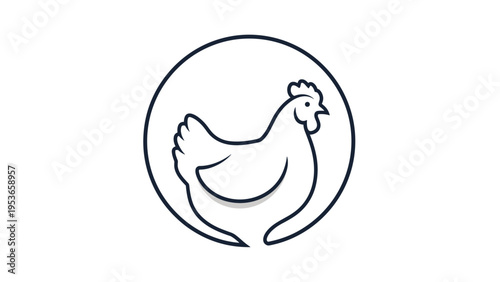 Minimalist black and white line art illustration of a chicken silhouette enclosed within a circular frame for farming or food branding.