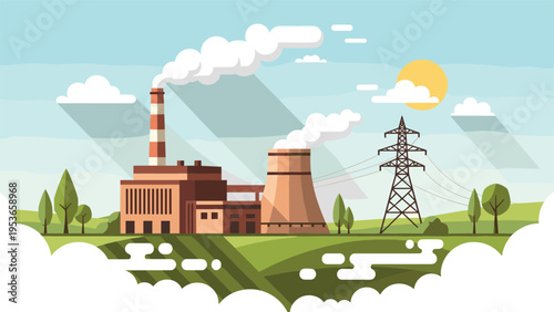 Detailed flat vector illustration of an industrial power plant with smoking chimneys and electrical towers set in a green rural landscape scene.