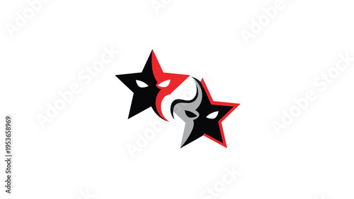Creative logo design featuring two stylized interlocking star shapes with eye cutouts resembling theatrical masks in black and red colors.