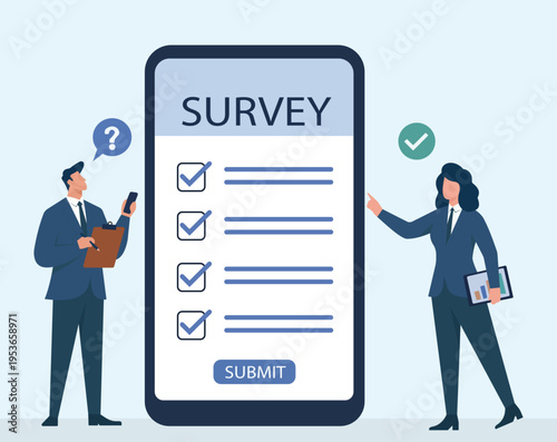Business professionals analyzing customer feedback through an online survey on a giant smartphone screen in a flat vector illustration, Online Customer Feedback Survey