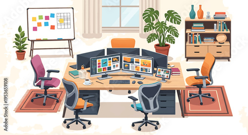 Modern office workspace with multiple computer monitors and ergonomic chairs.