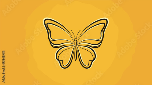 Elegant black line art illustration of a butterfly silhouette with spread wings isolated on a vibrant yellow textured background circle.