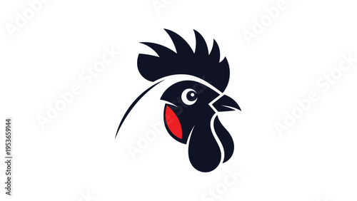 Bold black silhouette of a rooster head with a bright red wattle against a white background for farm or food industry branding logo.