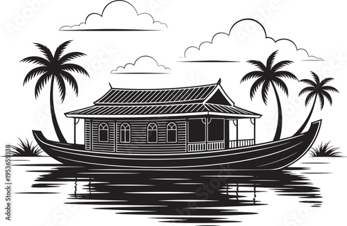 Traditional Kerala houseboat with elaborate tiered roofing structure rests in calm water surrounded by tropical palm trees under soft clouds in a sketch.