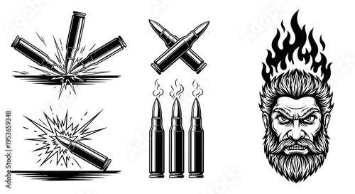 A striking black and white illustration showcases the raw power of bullets impacting, alongside an intense character with flaming hair, embodying passion, conflict, and resilience.