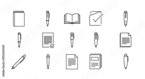 Workplace icons that express the themes of study and work in a minimalist outline design, ideal for communication on a variety of media, suitable for commercial use.