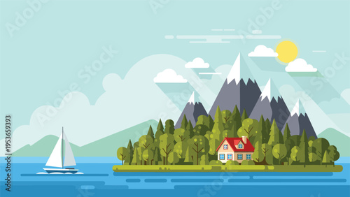 Peaceful flat vector illustration of a cozy red-roofed house on a green forested island with mountains and a sailboat in the calm blue water.
