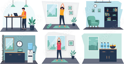 People engaging in various daily activities at home and work.