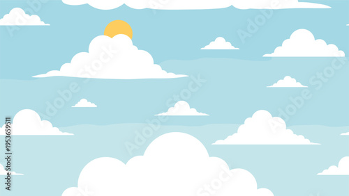 Bright sunny day features fluffy white clouds drifting across a clear blue sky with a glowing yellow sun peeking out.