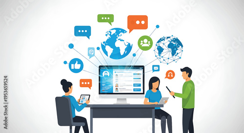 People collaborating on social media marketing and global communication.