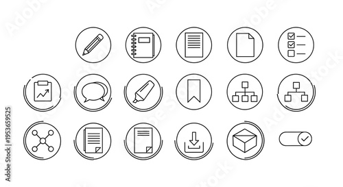 Business concept icons in a minimalist line art style depict a collaborative and innovative office setting, perfect for websites and presentations expressing modern corporate dynamics.