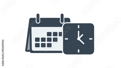 Professional business scheduling icon set featuring a dark grey calendar and a square wall clock on a white background.