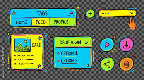 Vibrant hand-drawn doodle UI Component kit, showcasing a playful collection of user interface elements like interactive tabs, cards, dropdowns, and buttons for creative digital design