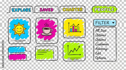 A vibrant, hand-drawn doodle style user interface (UI) design concept featuring various interactive components for an intuitive web or mobile application layout