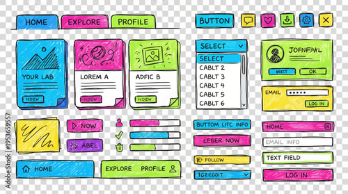 Vibrant and playful hand-drawn UI component elements, presented as colorful doodle sketches for modern website and mobile application design prototyping