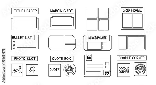 Minimalistic black and white illustrations showcasing popular journal elements, perfect for adding an organizational and artistic touch to creative projects.