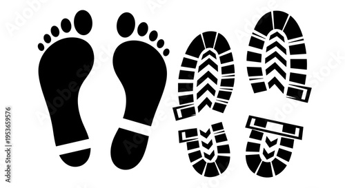 Human footprints and shoe prints on a white background create a sense of movement and exploration, perfect for conveying themes of discovery, tracking, and walking trails.