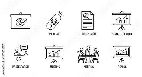 Black line art illustrations of presentation, meeting, teamwork, chart symbol on white background convey a professional and collaborative atmosphere suitable for business presentations.