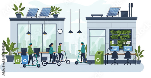 People using eco friendly transportation in a sustainable city.