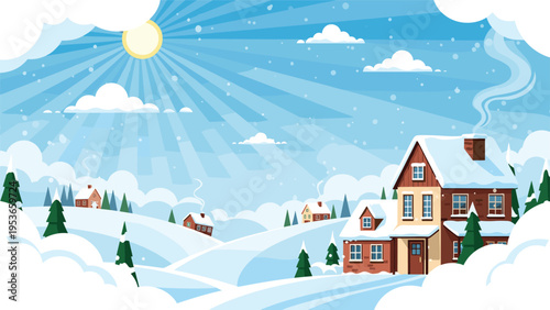 Picturesque winter landscape features snow covered houses and pine trees nestled in rolling hills under a bright sunburst sky.
