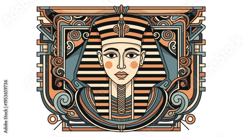 Detailed illustration of an ancient Egyptian pharaoh with a traditional headdress and decorative ornaments in a stylized frame.