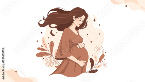 Elegant illustration of a pregnant woman with long flowing hair wearing a brown dress amidst delicate floral and celestial motifs.