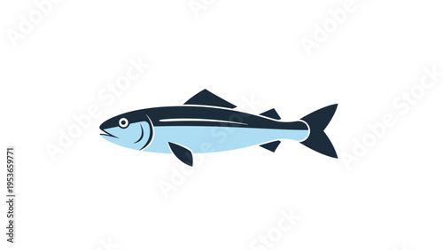 Clean and modern illustration of a fish in shades of blue and black isolated against a pure white background for branding.