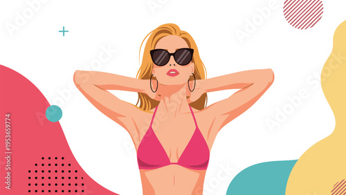 Stylish blonde woman in a pink bikini and sunglasses poses confidently against a colorful abstract geometric background.