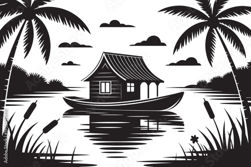 Houseboat resting peacefully upon reflective water surface surrounded by stylized palm trees and marsh plants under a cloudy sky.