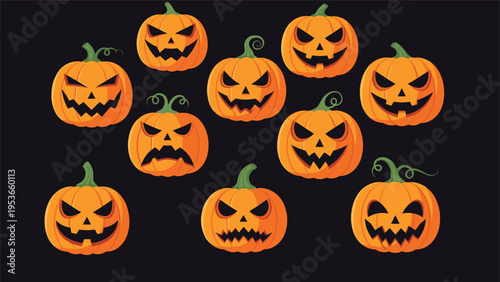Ten unique jack o lanterns with different spooky and funny faces are arranged against a dark black background for halloween.
