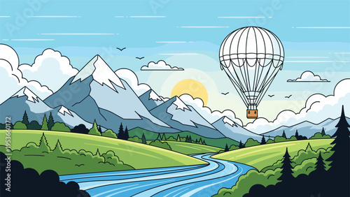 Majestic white hot air balloon floats peacefully above a winding blue river and snow capped mountains in a vast valley.