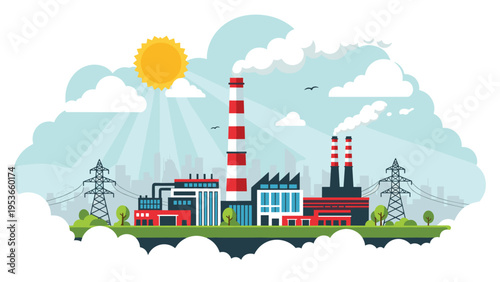 Large industrial complex with smoking chimneys and power lines is shown as a central hub for energy and manufacturing.